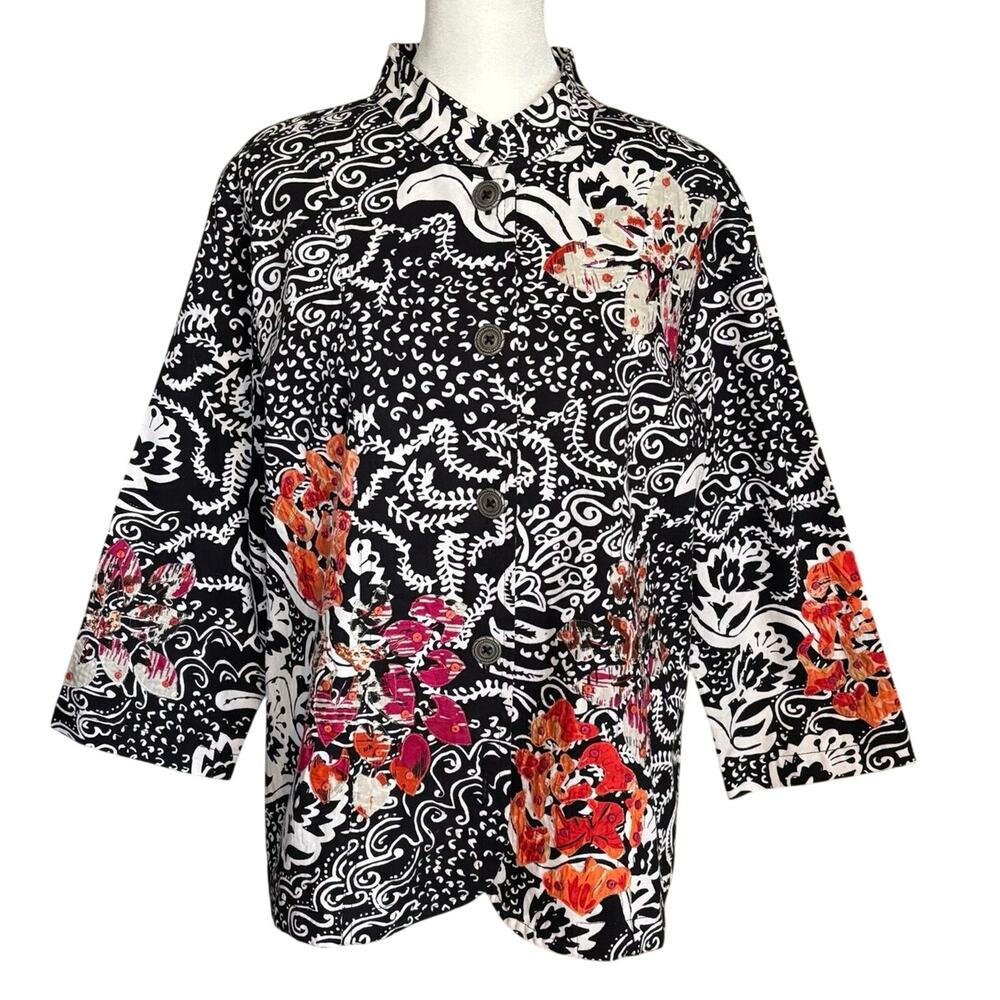Choices Size L Jacket Cotton Twill Floral Embellished Artsy Button Front Whimsy